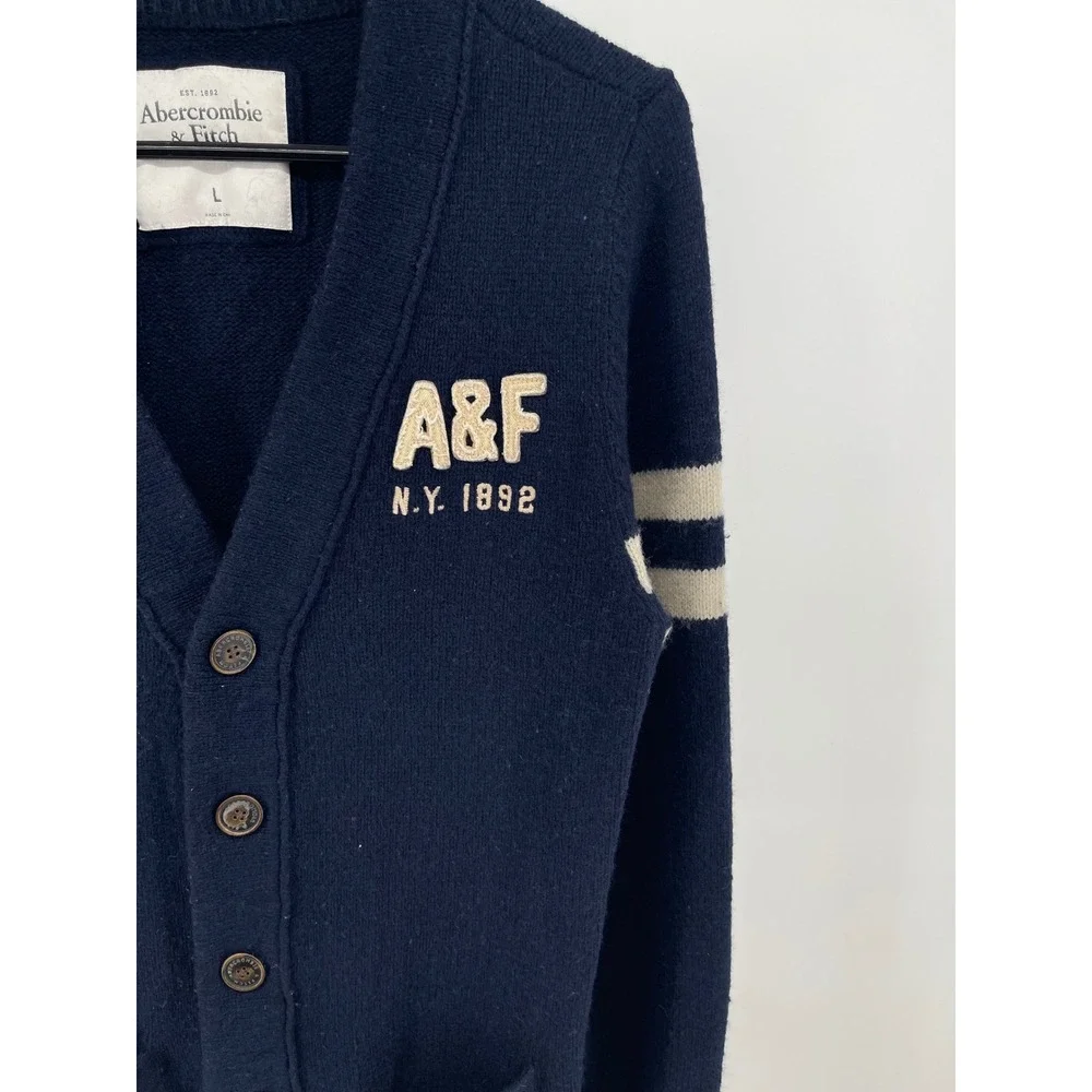 Abercrombie &‎ Fitch Mens Navy Blue Wool Blend Varsity Cardigan Sweater Large